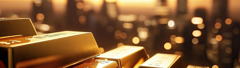 Wall Mural - Close-up of shining gold bars set against a warm, bokeh city backdrop, symbolizing wealth and luxury.