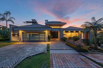 Poster - Night view of a luxurious house with an illuminated exterior and landscaped front yard, creating a warm and cozy atmosphere at sunset.