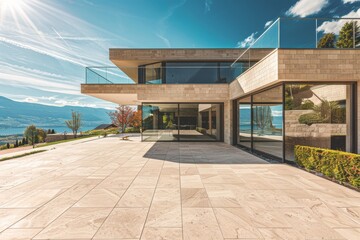 Wall Mural - This image highlights a modern home by the lake featuring large glass windows, a spacious patio, and a stunning scenic water view.