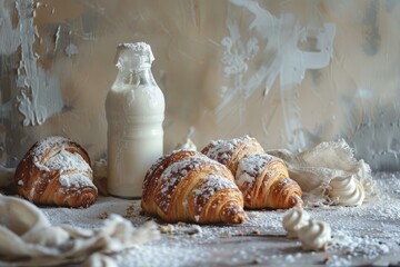 Sticker - Delicious croissants lying on a wooden surface covered with powdered sugar, accompanied by a bottle of milk and meringues