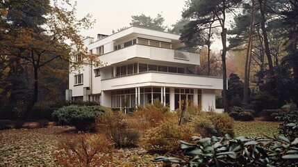 Poster - A contemporary multi-level house stands out amidst an autumnal garden, featuring modern architectural design and serene natural surroundings.