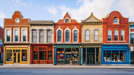 Colorful historic storefronts line a quaint street under a clear sky, showcasing charming small businesses and vibrant architecture.