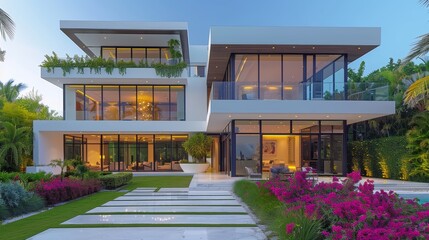 Sticker - A luxurious modern home featuring expansive glass walls, lush gardens, and vibrant flowers, demonstrating opulent living spaces merged with nature.