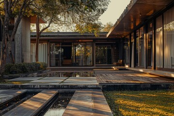 A gorgeous modern house with a wooden deck is surrounded by lush green trees, all under the warm sunlight in a serene setting.