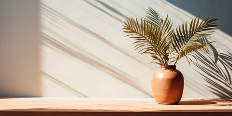 Poster - Palm Leaves in a Clay Vase with Sunlight