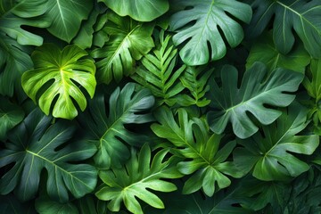 Wall Mural - A close-up shot of lush, green tropical leaves creating a vibrant and textured background.