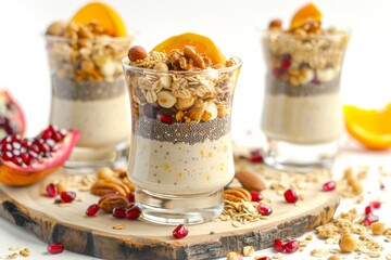 A closeup of dessert in a glass with oranges and pomegranate and chia seeds