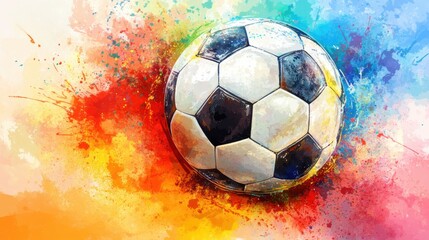 Poster - A black and white soccer ball with a colorful splatter paint background.