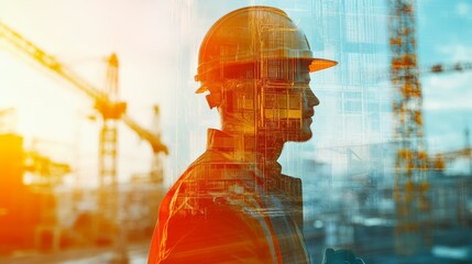 Double exposure image of an engineer in a hard hat with construction site and cranes in the background, symbolizing engineering and construction.