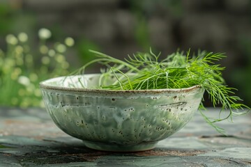 Sticker - Fresh dill overflowing a rustic green bowl, sitting on a wooden table with a green, natural background