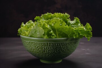 Sticker - Freshly picked green lettuce overflowing a green bowl on a dark background