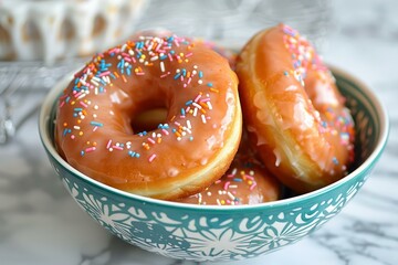 Wall Mural - Donuts with icing and sprinkles resting in a bowl, fresh out of the oven and ready to eat