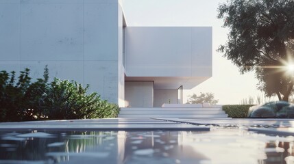 Wall Mural - A minimalist modern house with a flat roof, large windows, surrounded by lush greenery, and reflecting beautifully on an adjacent water feature, embodying simplicity.