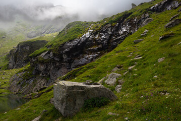 Panoramic views on Lake Balea in the Fagaras Mountains, found in the Carpathians when following the scenic Transfăgărășan road (DN7C), Transylvania, Romania