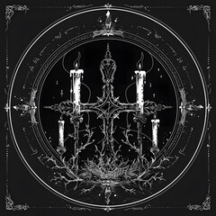 Christian Cross chain and candles black and white illustration