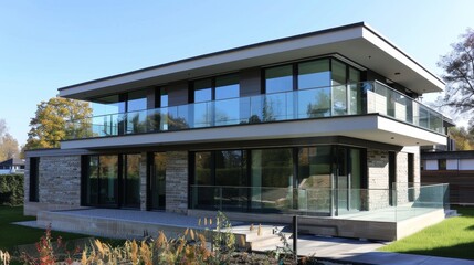 Poster - This contemporary two-story house features expansive glass windows and stone accents, set amidst beautiful greenery, offering a perfect blend of modern and natural elements.