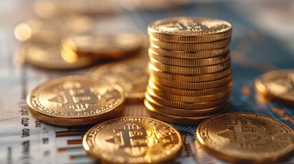 Poster - Investment concept with a stack of gold coins, and percentage symbol, set against a backdrop of detailed financial charts. Generative AI.