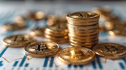 Poster - Investment concept with a stack of gold coins, and percentage symbol, set against a backdrop of detailed financial charts. Generative AI.