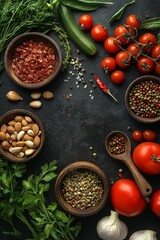 Wall Mural - An assortment of spices and vegetables including tomatoes, garlic, and herbs arranged on a dark surface.