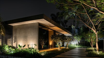 Wall Mural - A minimalist modern home with a flat roof, open space design, and serene outdoor lighting at night, set among lush greenery.