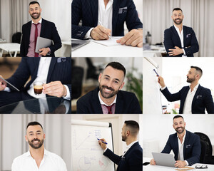 Leinwandbilder - A well-dressed businessman is actively involved in multiple work tasks within a contemporary office environment, showcasing his skills in meetings, presentations, and personal branding.