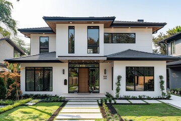 Poster - A modern two-story home characterized by its sleek architectural lines, large windows, and minimalist landscaping, creating a oneness with nature at dusk.