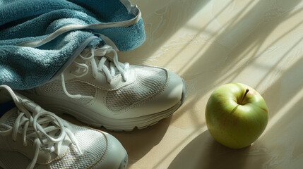 A close-up of a pair of white sports shoes, a blue towel, and a green apple, arranged