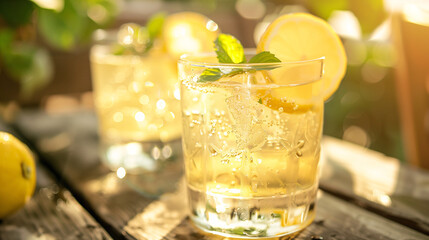 a refreshing glass of homemade ginger beer, garnished with a slice of lemon and fresh mint, set on a sunlit patio table