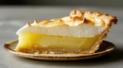 A slice of lemon meringue pie with a golden-brown meringue topping and a buttery crust