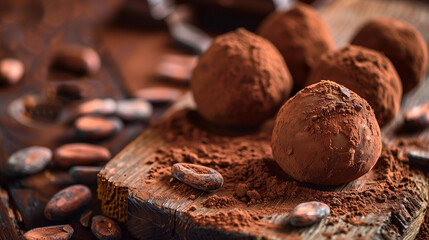 Wall Mural - a rich chocolate truffle with a dusting of cocoa powder, placed on a rustic wooden board with a few scattered cacao beans