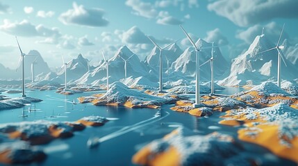 Poster - Illustration of economic policy driving renewable energy growth, represented by digital wind turbines and solar panels. Generative AI.