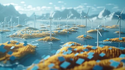 Poster - Illustration of economic policy driving renewable energy growth, represented by digital wind turbines and solar panels. Generative AI.