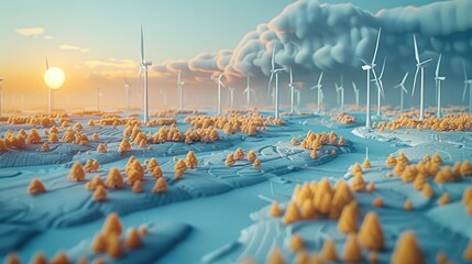Poster - Illustration of economic policy driving renewable energy growth, represented by digital wind turbines and solar panels. Generative AI.