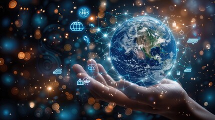 Leinwandbilder - A hand holding the Earth, surrounded by floating technology icons, symbolizing the digital world. Generative AI.