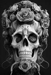 Wall Mural - Portrait of a surreal human skull decorated with roses