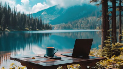 Poster - A work setup on a balcony with a laptop and cup of tea, overlooking a bustling city square