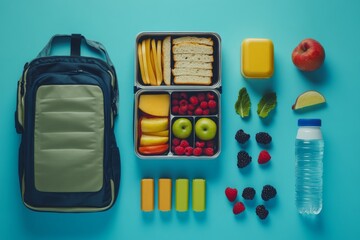 top-down view of a lunchbox with sandwiches, fruits, berries, water bottle, and a rucksack, set on a blue isolated backdrop for a school break scene.