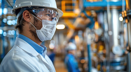 Poster - Engineer working in a chemical factory. Generative AI.