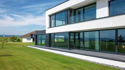 Wall Mural - Contemporary two-story house features expansive glass windows and a lush green lawn, set against a vibrant blue sky.