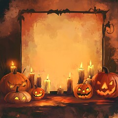 Wall Mural - A beautifully designed Halloween party invitation frame features illuminated candles and an array of carved pumpkins, creating a spooky yet inviting atmosphere for celebrations