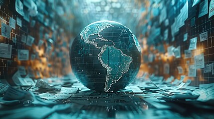 Leinwandbilder - Abstract image of a digital globe surrounded by policy documents, concept of global economic governance. Generative AI.