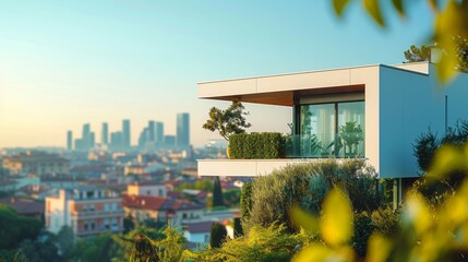 Sticker - A stylish modern apartment featuring a rooftop garden, providing panoramic cityscape views and bathed in ample natural light.