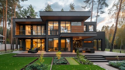 Wall Mural - A sleek, contemporary two-story home surrounded by lush greenery and featuring a modern outdoor deck and patio area.