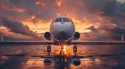 Poster - Luxury private jet, standing on runway, dramatic sky, golden hour lighting. Generative AI.