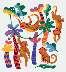 Poster - Set of cute playful brown monkeys in the jungle