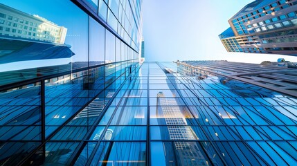 Modern high-rise buildings in a bustling city center reflecting the sky, showcasing urban architecture and progress.