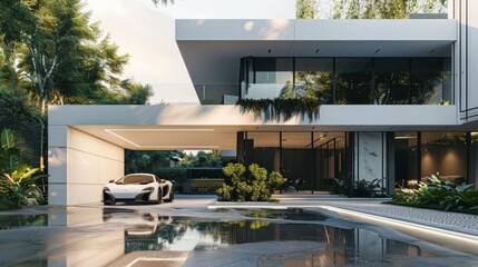 Canvas Print - A sleek and stylish modern house featuring a luxury sports car parked outside, with a large glass façade and beautiful surrounding greenery, embodying luxurious living.