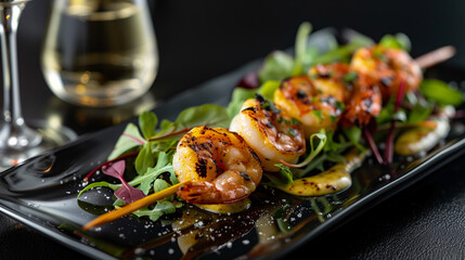 Wall Mural - a grilled shrimp skewer, served with a side of mixed greens and a light citrus dressing, plated on a sleek black dish with a glass of white wine