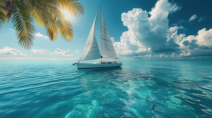 Sticker - A white sailboat in the middle of clear blue water, a palm tree hanging over it, sky with clouds. Generative AI.