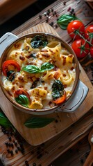 Wall Mural - Delicious pasta bake with fresh tomatoes and basil on a rustic wooden table.